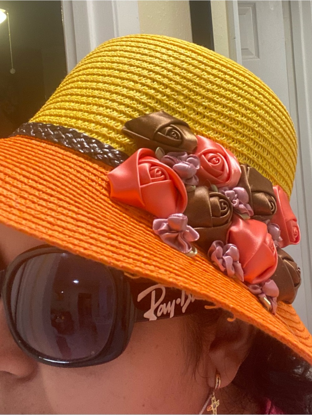Yellow and Orange Floral Straw Sun Hat - Picture 7 of 7